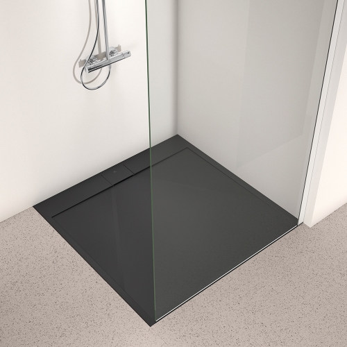 Immagine di Ideal Standard ULTRA FLAT S I.LIFE piatto doccia quadrato 90 cm, antiscivolo e con scarico nascosto, in IdealSolid+, effetto pietra, colore nero finitura opaco T5227FV