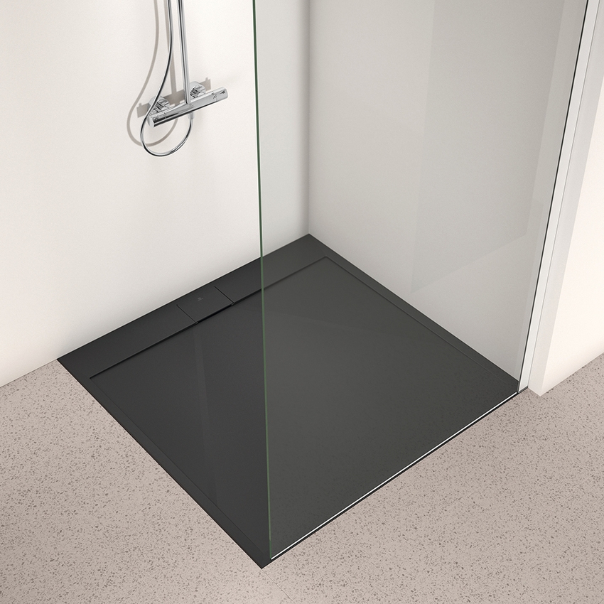 Immagine di Ideal Standard ULTRA FLAT S I.LIFE piatto doccia quadrato 90 cm, antiscivolo e con scarico nascosto, in IdealSolid+, effetto pietra, colore nero finitura opaco T5227FV