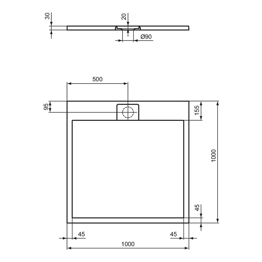 Immagine di Ideal Standard ULTRA FLAT S I.LIFE piatto doccia quadrato 100 cm, antiscivolo e con scarico nascosto, in IdealSolid+, effetto pietra, colore bianco finitura opaco T5234FR