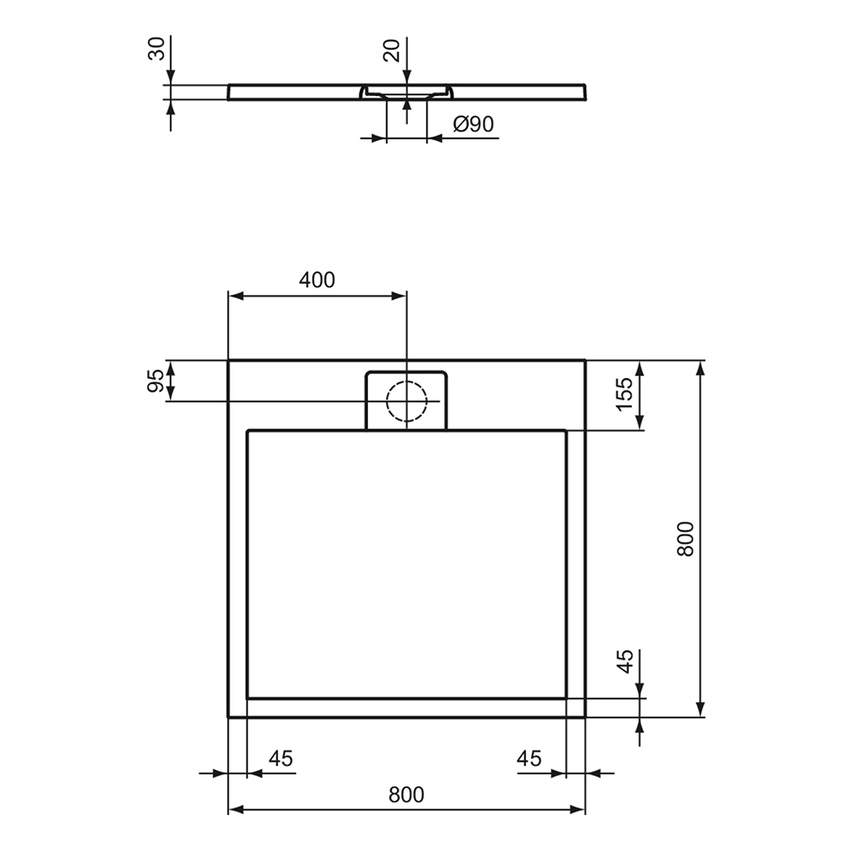 Immagine di Ideal Standard ULTRA FLAT S I.LIFE piatto doccia quadrato 80 cm, antiscivolo e con scarico nascosto, in IdealSolid+, effetto pietra, colore bianco finitura opaco T5229FR