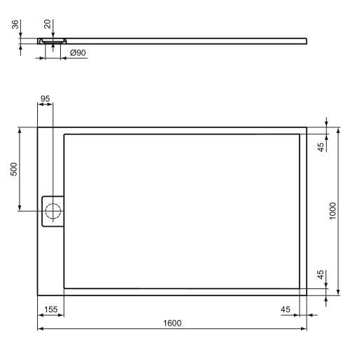 Immagine di Ideal Standard ULTRA FLAT S I.LIFE piatto doccia rettangolare L.160 P.100 cm, antiscivolo e con scarico nascosto sul lato corto, in IdealSolid+, effetto pietra, colore grigio cemento finitura opaco T5672FS