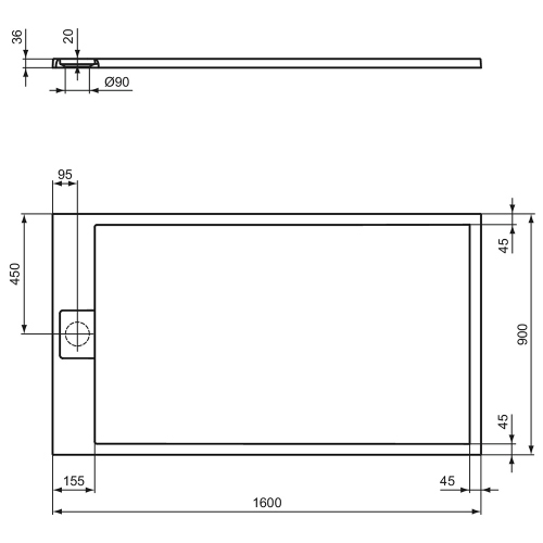 Immagine di Ideal Standard ULTRA FLAT S I.LIFE piatto doccia rettangolare L.160 P.90 cm, antiscivolo e con scarico nascosto sul lato corto, in IdealSolid+, effetto pietra, colore nero finitura opaco T5593FV