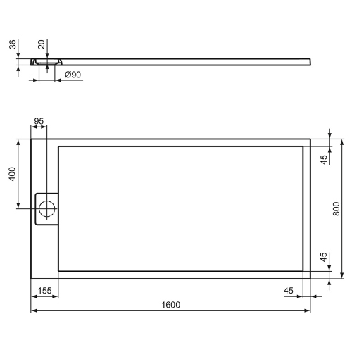 Immagine di Ideal Standard ULTRA FLAT S I.LIFE piatto doccia rettangolare L.160 P.80 cm, antiscivolo e con scarico nascosto sul lato corto, in IdealSolid+, effetto pietra, colore bianco finitura opaco T5571FR