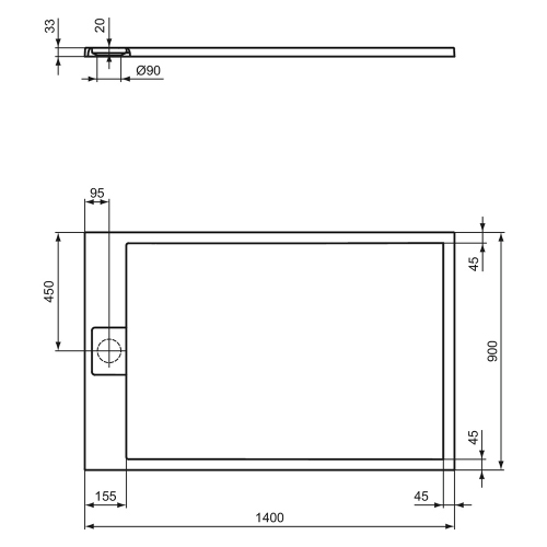 Immagine di Ideal Standard ULTRA FLAT S I.LIFE piatto doccia rettangolare L.140 P.90 cm, antiscivolo e con scarico nascosto sul lato corto, in IdealSolid+, effetto pietra, colore grigio cemento finitura opaco T5592FS