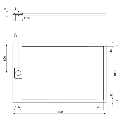 Immagine di Ideal Standard ULTRA FLAT S I.LIFE piatto doccia rettangolare L.160 P.100 cm, antiscivolo e con scarico nascosto sul lato corto, in IdealSolid+, effetto pietra, colore bianco finitura opaco T5672FR