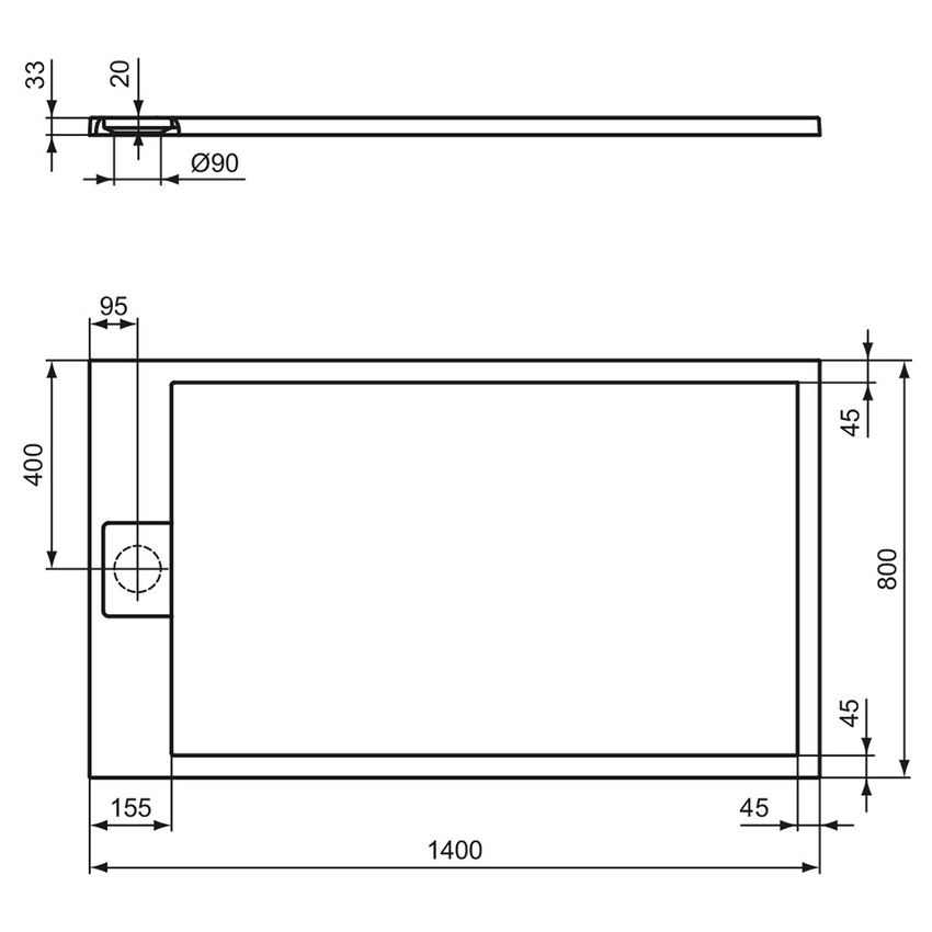 Immagine di Ideal Standard ULTRA FLAT S I.LIFE piatto doccia rettangolare L.140 P.80 cm, antiscivolo e con scarico nascosto sul lato corto, in IdealSolid+, effetto pietra, colore grigio cemento finitura opaco T5570FS