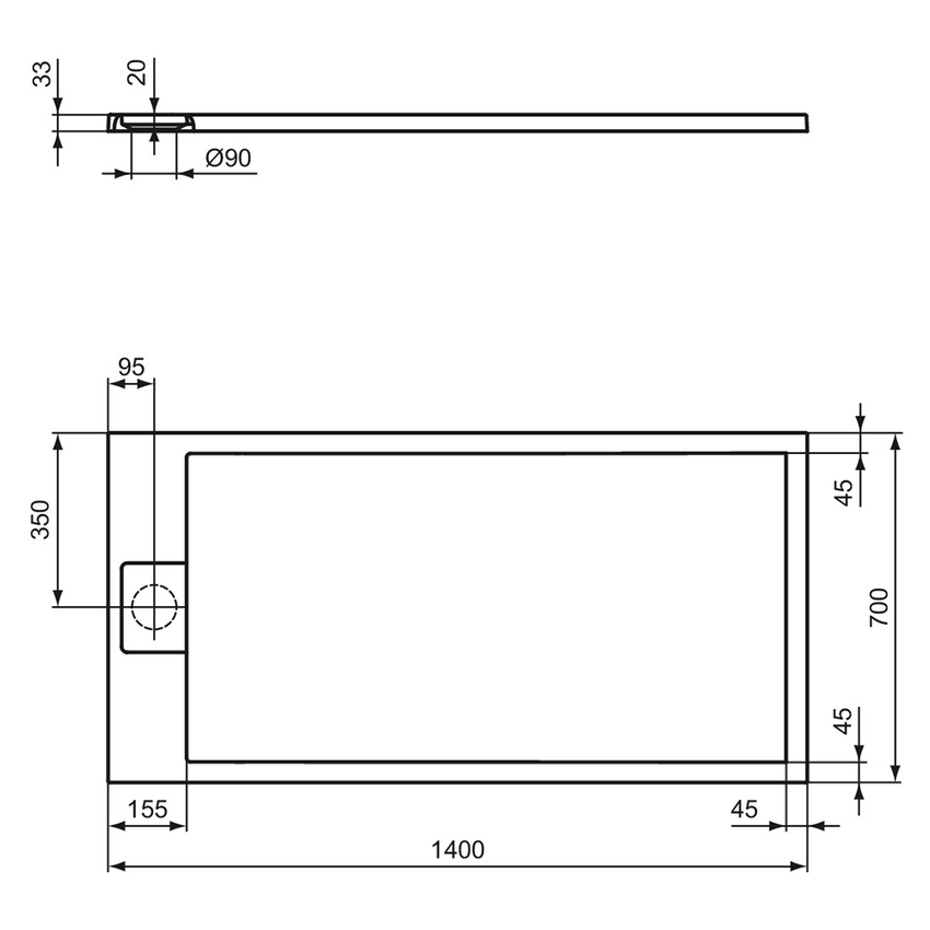 Immagine di Ideal Standard ULTRA FLAT S I.LIFE piatto doccia rettangolare L.140 P.70 cm, antiscivolo e con scarico nascosto sul lato corto, in IdealSolid+, effetto pietra, colore bianco finitura opaco T5591FR