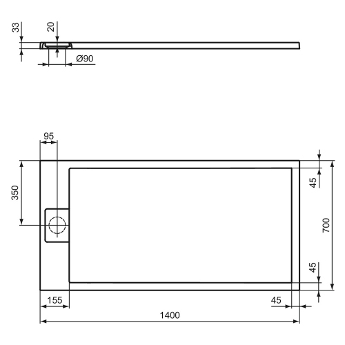 Immagine di Ideal Standard ULTRA FLAT S I.LIFE piatto doccia rettangolare L.140 P.70 cm, antiscivolo e con scarico nascosto sul lato corto, in IdealSolid+, effetto pietra, colore nero finitura opaco T5591FV