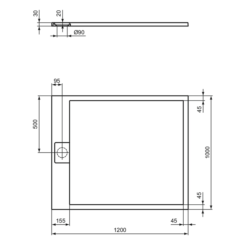 Immagine di Ideal Standard ULTRA FLAT S I.LIFE piatto doccia rettangolare L.120 P.100 cm, antiscivolo e con scarico nascosto sul lato corto, in IdealSolid+, effetto pietra, colore grigio cemento finitura opaco T5228FS