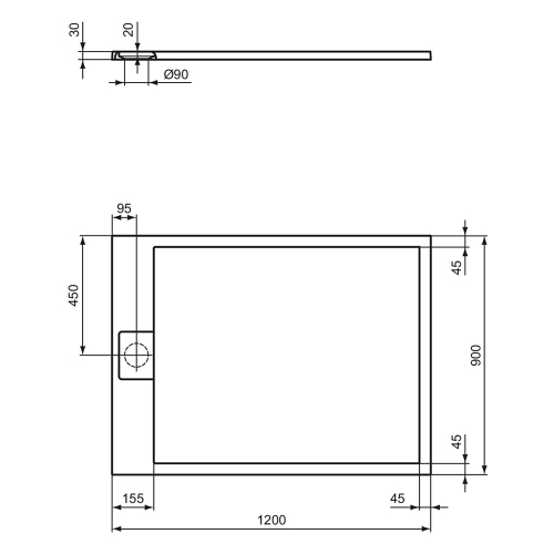 Immagine di Ideal Standard ULTRA FLAT S I.LIFE piatto doccia rettangolare L.120 P.90 cm, antiscivolo e con scarico nascosto sul lato corto, in IdealSolid+, effetto pietra, colore bianco finitura opaco T5221FR