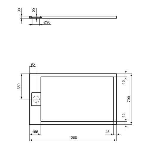 Immagine di Ideal Standard ULTRA FLAT S I.LIFE piatto doccia rettangolare L.120 P.70 cm, antiscivolo e con scarico nascosto sul lato corto, in IdealSolid+, effetto pietra, colore bianco finitura opaco T5233FR