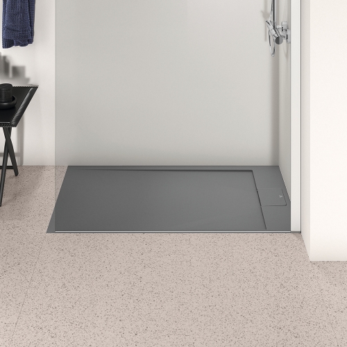 Immagine di Ideal Standard ULTRA FLAT S I.LIFE piatto doccia rettangolare L.120 P.70 cm, antiscivolo e con scarico nascosto sul lato corto, in IdealSolid+, effetto pietra, colore grigio cemento finitura opaco T5233FS