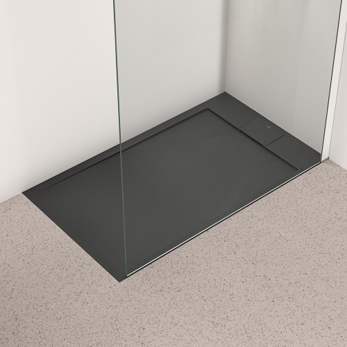 Immagine di Ideal Standard ULTRA FLAT S I.LIFE piatto doccia rettangolare L.120 P.70 cm, antiscivolo e con scarico nascosto sul lato corto, in IdealSolid+, effetto pietra, colore nero finitura opaco T5233FV