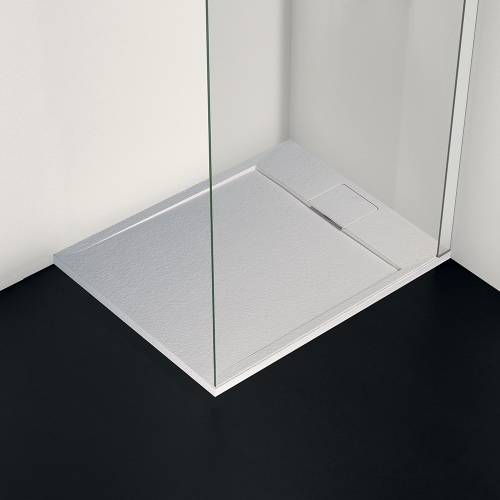 Immagine di Ideal Standard ULTRA FLAT S I.LIFE piatto doccia rettangolare L.100 P.80 cm, antiscivolo e con scarico nascosto sul lato corto, in IdealSolid+, effetto pietra, colore bianco finitura opaco T5223FR
