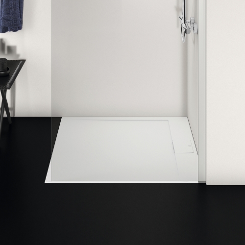 Immagine di Ideal Standard ULTRA FLAT S I.LIFE piatto doccia rettangolare L.100 P.80 cm, antiscivolo e con scarico nascosto sul lato corto, in IdealSolid+, effetto pietra, colore bianco finitura opaco T5223FR