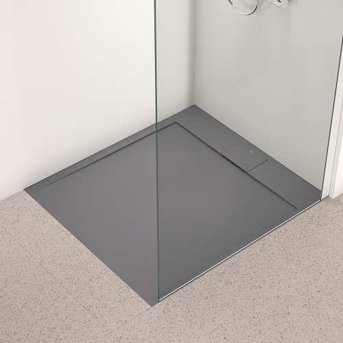 Immagine di Ideal Standard ULTRA FLAT S I.LIFE piatto doccia rettangolare L.100 P.80 cm, antiscivolo e con scarico nascosto sul lato corto, in IdealSolid+, effetto pietra, colore grigio cemento finitura opaco T5223FS