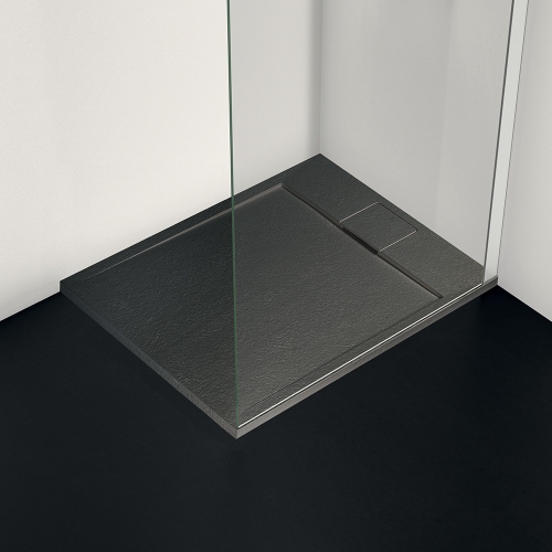 Immagine di Ideal Standard ULTRA FLAT S I.LIFE piatto doccia rettangolare L.90 P.70 cm, antiscivolo e con scarico nascosto sul lato corto, in IdealSolid+, effetto pietra, colore nero finitura opaco T5237FV