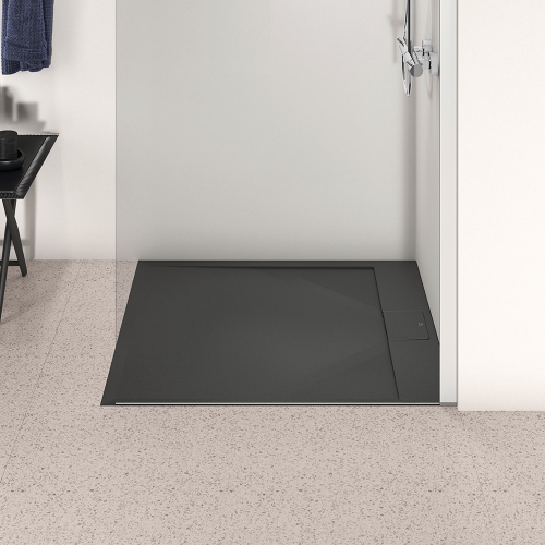 Immagine di Ideal Standard ULTRA FLAT S I.LIFE piatto doccia rettangolare L.90 P.70 cm, antiscivolo e con scarico nascosto sul lato corto, in IdealSolid+, effetto pietra, colore nero finitura opaco T5237FV