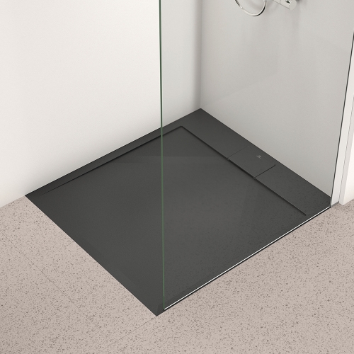 Immagine di Ideal Standard ULTRA FLAT S I.LIFE piatto doccia rettangolare L.90 P.70 cm, antiscivolo e con scarico nascosto sul lato corto, in IdealSolid+, effetto pietra, colore nero finitura opaco T5237FV