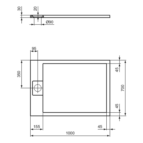 Immagine di Ideal Standard ULTRA FLAT S I.LIFE piatto doccia rettangolare L.100 P.70 cm, antiscivolo e con scarico nascosto sul lato corto, in IdealSolid+, effetto pietra, colore nero finitura opaco T5240FV