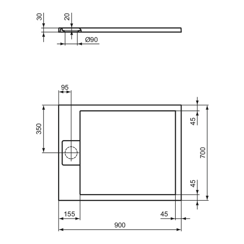 Immagine di Ideal Standard ULTRA FLAT S I.LIFE piatto doccia rettangolare L.90 P.70 cm, antiscivolo e con scarico nascosto sul lato corto, in IdealSolid+, effetto pietra, colore nero finitura opaco T5237FV