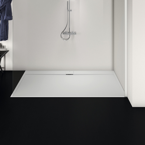 Immagine di Ideal Standard ULTRA FLAT S I.LIFE piatto doccia rettangolare L.200 P.100 cm, antiscivolo e con scarico nascosto sul lato lungo, in IdealSolid+, effetto pietra, colore bianco finitura opaco T5235FR