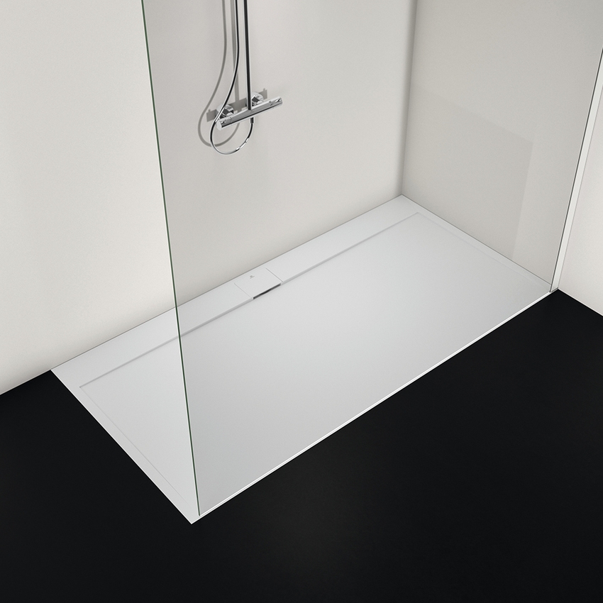 Immagine di Ideal Standard ULTRA FLAT S I.LIFE piatto doccia rettangolare L.200 P.100 cm, antiscivolo e con scarico nascosto sul lato lungo, in IdealSolid+, effetto pietra, colore bianco finitura opaco T5235FR