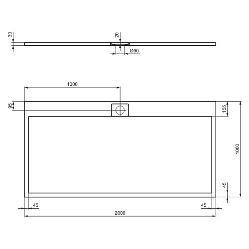 Immagine di Ideal Standard ULTRA FLAT S I.LIFE piatto doccia rettangolare L.200 P.100 cm, antiscivolo e con scarico nascosto sul lato lungo, in IdealSolid+, effetto pietra, colore bianco finitura opaco T5235FR