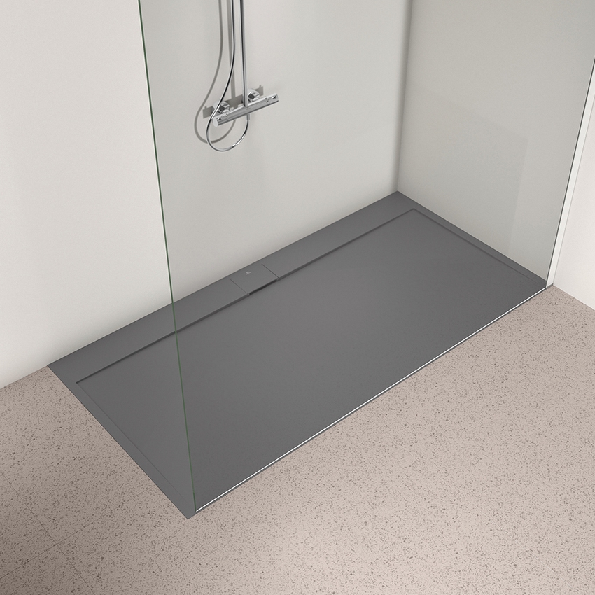 Immagine di Ideal Standard ULTRA FLAT S I.LIFE piatto doccia rettangolare L.200 P.100 cm, antiscivolo e con scarico nascosto sul lato lungo, in IdealSolid+, effetto pietra, colore grigio cemento finitura opaco T5235FS