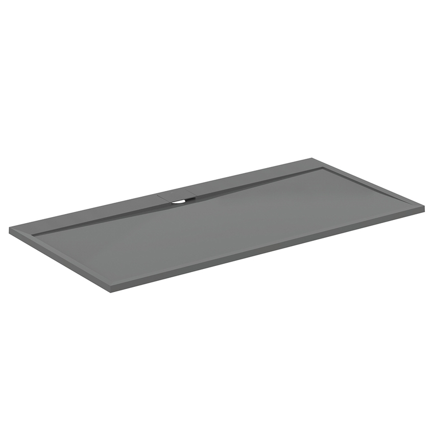 Immagine di Ideal Standard ULTRA FLAT S I.LIFE piatto doccia rettangolare L.200 P.100 cm, antiscivolo e con scarico nascosto sul lato lungo, in IdealSolid+, effetto pietra, colore grigio cemento finitura opaco T5235FS
