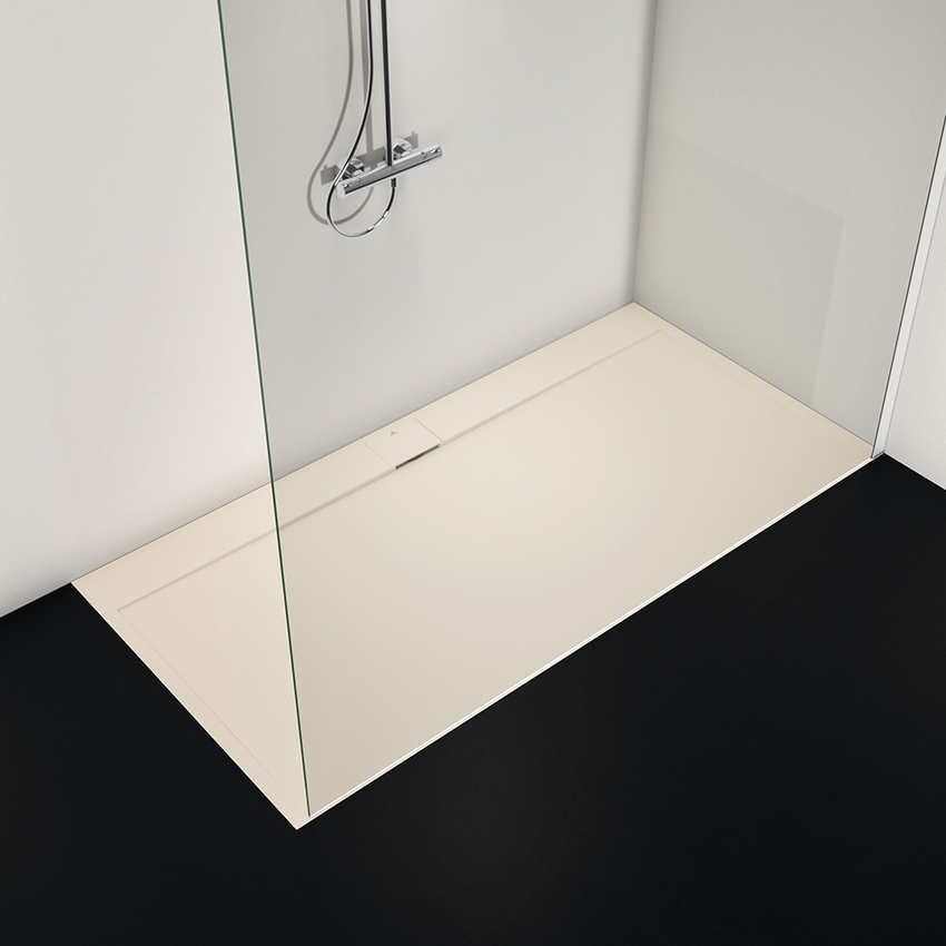 Immagine di Ideal Standard ULTRA FLAT S I.LIFE piatto doccia rettangolare L.200 P.100 cm, antiscivolo e con scarico nascosto sul lato lungo, in IdealSolid+, effetto pietra, colore sabbia finitura opaco T5235FT