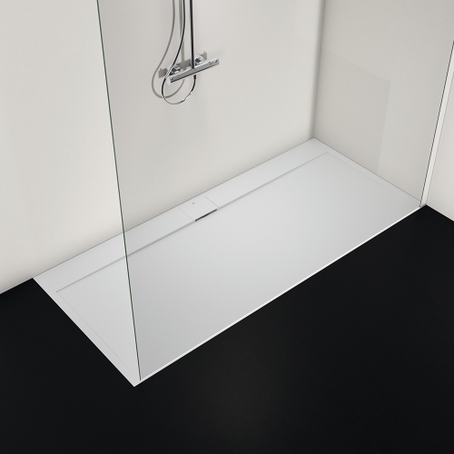 Immagine di Ideal Standard ULTRA FLAT S I.LIFE piatto doccia rettangolare L.200 P.90 cm, antiscivolo e con scarico nascosto sul lato lungo, in IdealSolid+, effetto pietra, colore bianco finitura opaco T5243FR