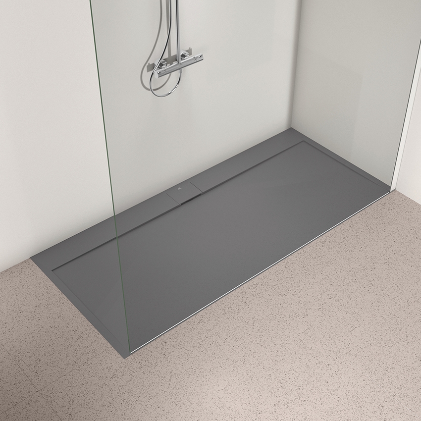 Immagine di Ideal Standard ULTRA FLAT S I.LIFE piatto doccia rettangolare L.200 P.90 cm, antiscivolo e con scarico nascosto sul lato lungo, in IdealSolid+, effetto pietra, colore grigio cemento finitura opaco T5243FS