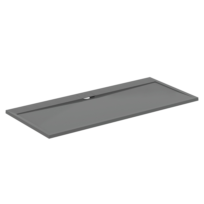 Immagine di Ideal Standard ULTRA FLAT S I.LIFE piatto doccia rettangolare L.200 P.90 cm, antiscivolo e con scarico nascosto sul lato lungo, in IdealSolid+, effetto pietra, colore grigio cemento finitura opaco T5243FS