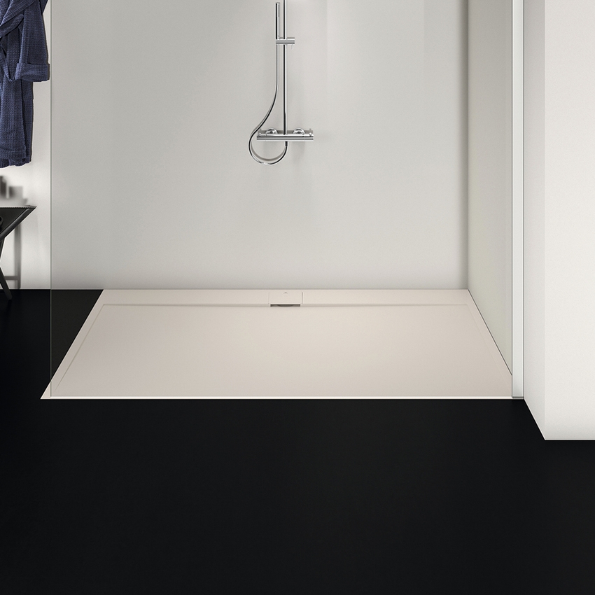Immagine di Ideal Standard ULTRA FLAT S I.LIFE piatto doccia rettangolare L.200 P.90 cm, antiscivolo e con scarico nascosto sul lato lungo, in IdealSolid+, effetto pietra, colore sabbia finitura opaco T5243FT