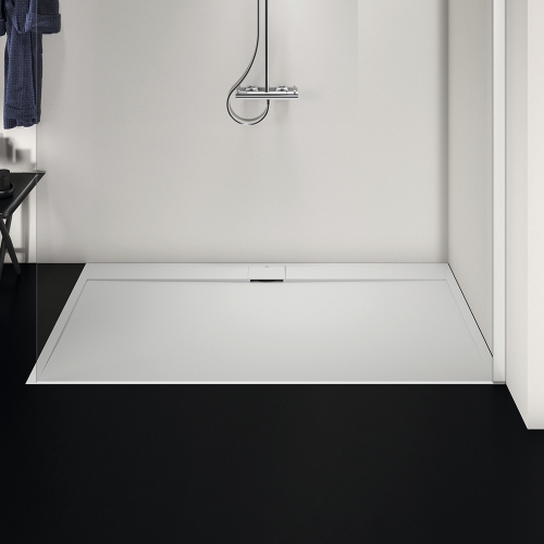 Immagine di Ideal Standard ULTRA FLAT S I.LIFE piatto doccia rettangolare L.180 P.90 cm, antiscivolo e con scarico nascosto sul lato lungo, in IdealSolid+, effetto pietra, colore bianco finitura opaco T5230FR