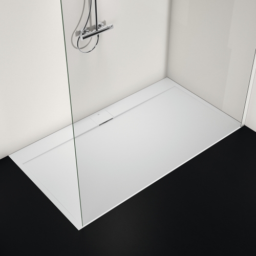 Immagine di Ideal Standard ULTRA FLAT S I.LIFE piatto doccia rettangolare L.180 P.90 cm, antiscivolo e con scarico nascosto sul lato lungo, in IdealSolid+, effetto pietra, colore bianco finitura opaco T5230FR