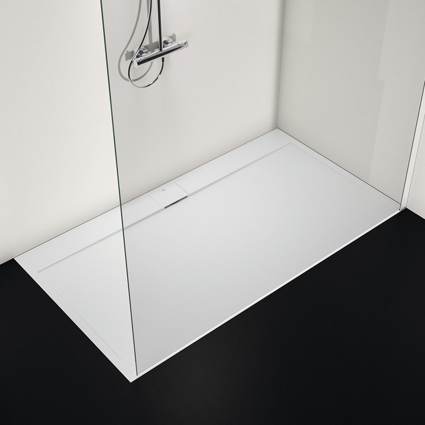 Immagine di Ideal Standard ULTRA FLAT S I.LIFE piatto doccia rettangolare L.180 P.100 cm, antiscivolo e con scarico nascosto sul lato lungo, in IdealSolid+, effetto pietra, colore bianco finitura opaco T5245FR