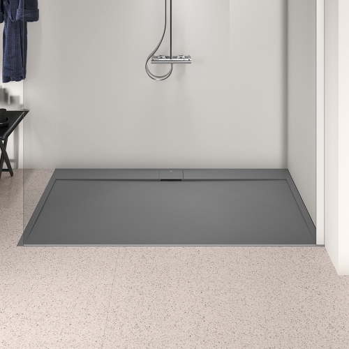 Immagine di Ideal Standard ULTRA FLAT S I.LIFE piatto doccia rettangolare L.180 P.90 cm, antiscivolo e con scarico nascosto sul lato lungo, in IdealSolid+, effetto pietra, colore grigio cemento finitura opaco T5230FS
