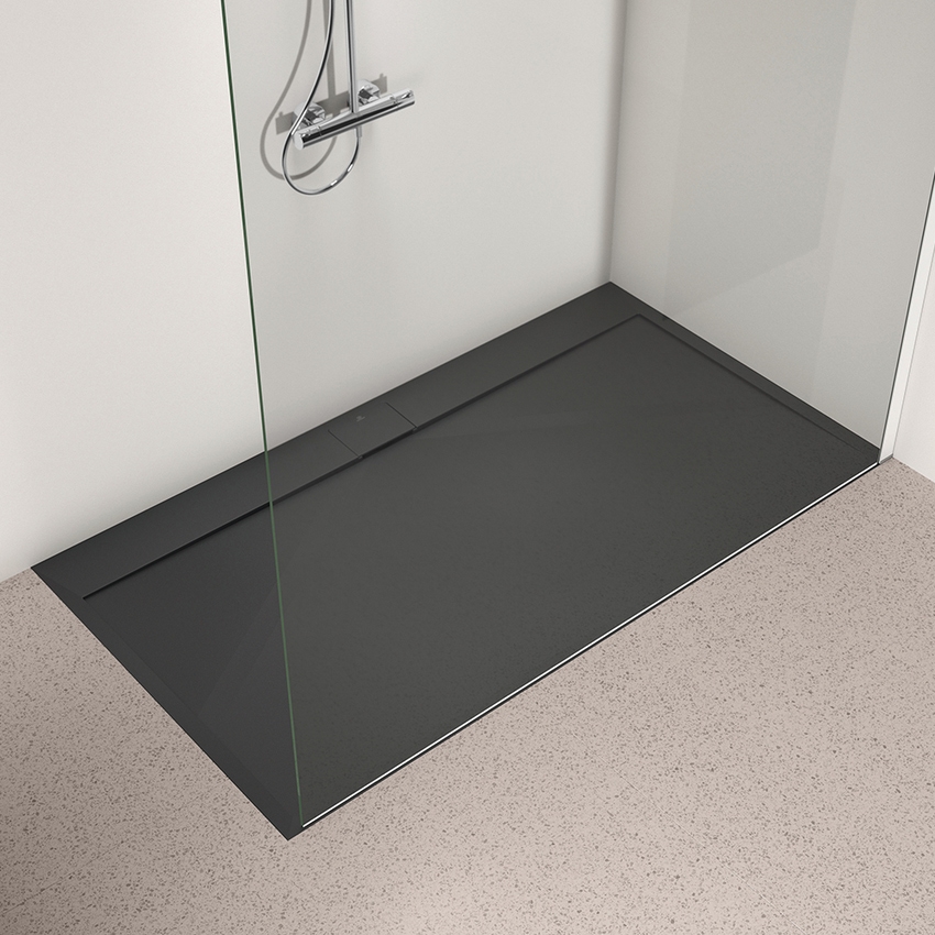 Immagine di Ideal Standard ULTRA FLAT S I.LIFE piatto doccia rettangolare L.180 P.90 cm, antiscivolo e con scarico nascosto sul lato lungo, in IdealSolid+, effetto pietra, colore nero finitura opaco T5230FV