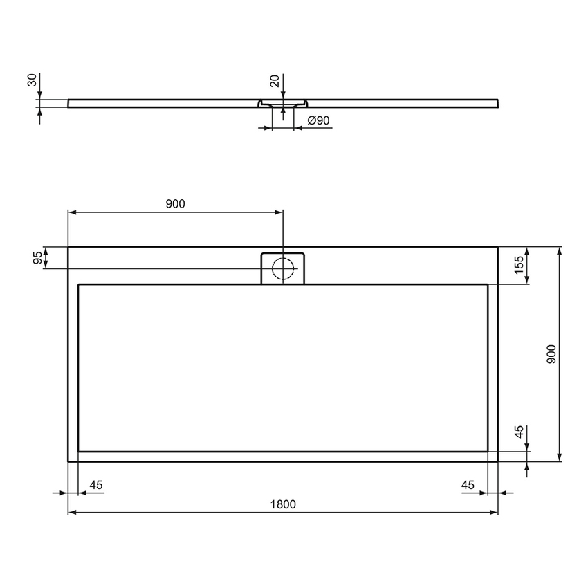 Immagine di Ideal Standard ULTRA FLAT S I.LIFE piatto doccia rettangolare L.180 P.90 cm, antiscivolo e con scarico nascosto sul lato lungo, in IdealSolid+, effetto pietra, colore bianco finitura opaco T5230FR