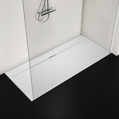 Immagine di Ideal Standard ULTRA FLAT S I.LIFE piatto doccia rettangolare L.180 P.80 cm, antiscivolo e con scarico nascosto sul lato lungo, in IdealSolid+, effetto pietra, colore bianco finitura opaco T5236FR