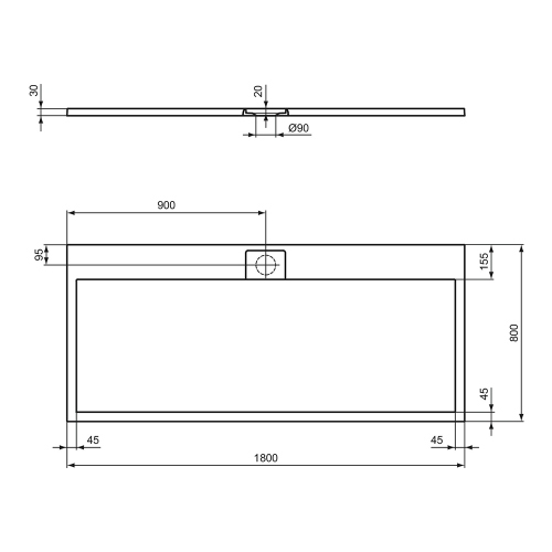 Immagine di Ideal Standard ULTRA FLAT S I.LIFE piatto doccia rettangolare L.180 P.80 cm, antiscivolo e con scarico nascosto sul lato lungo, in IdealSolid+, effetto pietra, colore nero finitura opaco T5236FV