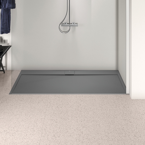Immagine di Ideal Standard ULTRA FLAT S I.LIFE piatto doccia rettangolare L.180 P.80 cm, antiscivolo e con scarico nascosto sul lato lungo, in IdealSolid+, effetto pietra, colore grigio cemento finitura opaco T5236FS