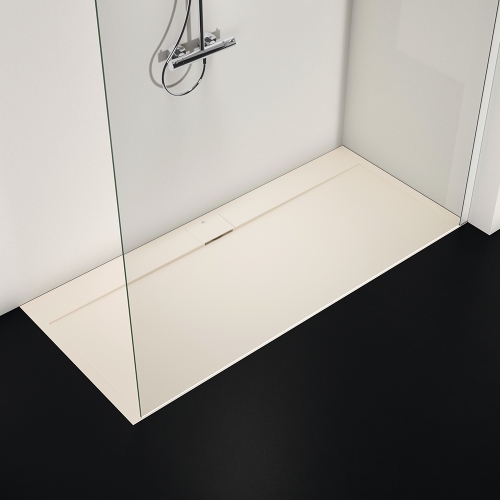 Immagine di Ideal Standard ULTRA FLAT S I.LIFE piatto doccia rettangolare L.180 P.80 cm, antiscivolo e con scarico nascosto sul lato lungo, in IdealSolid+, effetto pietra, colore sabbia finitura opaco T5236FT