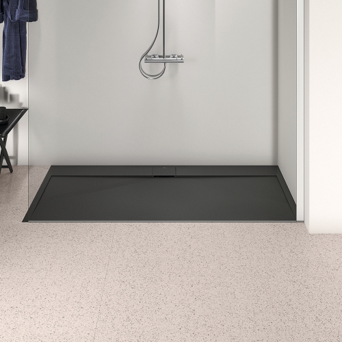 Immagine di Ideal Standard ULTRA FLAT S I.LIFE piatto doccia rettangolare L.180 P.80 cm, antiscivolo e con scarico nascosto sul lato lungo, in IdealSolid+, effetto pietra, colore nero finitura opaco T5236FV