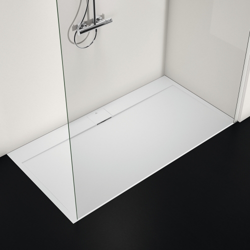 Immagine di Ideal Standard ULTRA FLAT S I.LIFE piatto doccia rettangolare L.170 P.90 cm, antiscivolo e con scarico nascosto sul lato lungo, in IdealSolid+, effetto pietra, colore bianco finitura opaco T5239FR