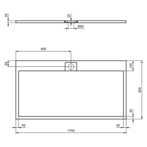 Immagine di Ideal Standard ULTRA FLAT S I.LIFE piatto doccia rettangolare L.170 P.90 cm, antiscivolo e con scarico nascosto sul lato lungo, in IdealSolid+, effetto pietra, colore bianco finitura opaco T5239FR