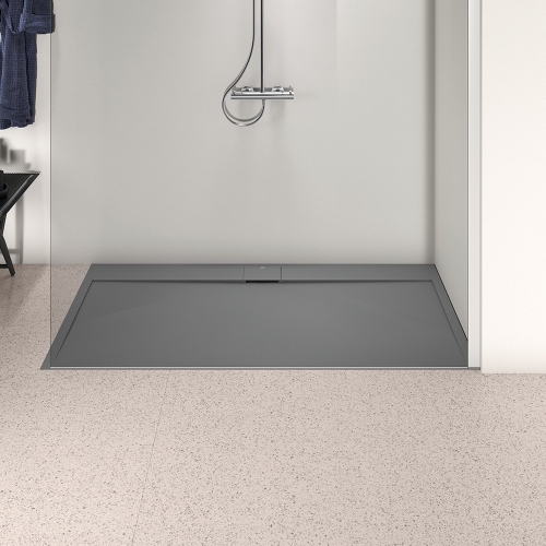 Immagine di Ideal Standard ULTRA FLAT S I.LIFE piatto doccia rettangolare L.170 P.90 cm, antiscivolo e con scarico nascosto sul lato lungo, in IdealSolid+, effetto pietra, colore grigio cemento finitura opaco T5239FS