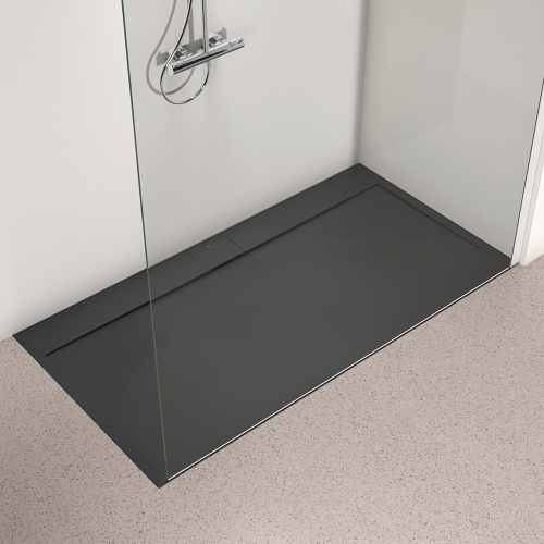 Immagine di Ideal Standard ULTRA FLAT S I.LIFE piatto doccia rettangolare L.170 P.90 cm, antiscivolo e con scarico nascosto sul lato lungo, in IdealSolid+, effetto pietra, colore nero finitura opaco T5239FV